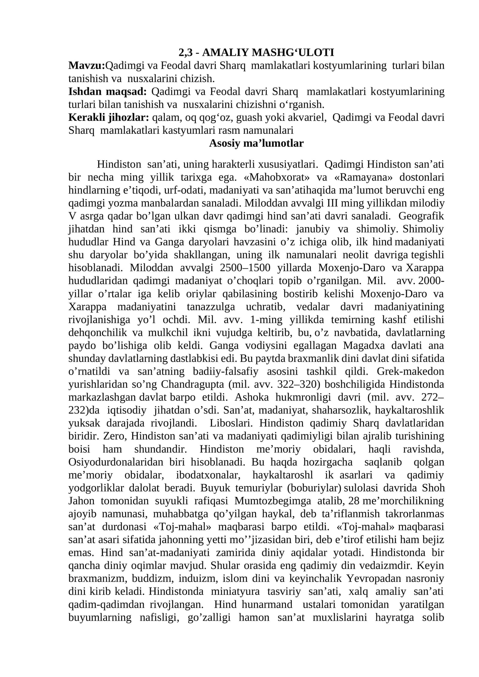 Qadimgi va Feodal davri Sharq mamlakatlari kastyumlari 1