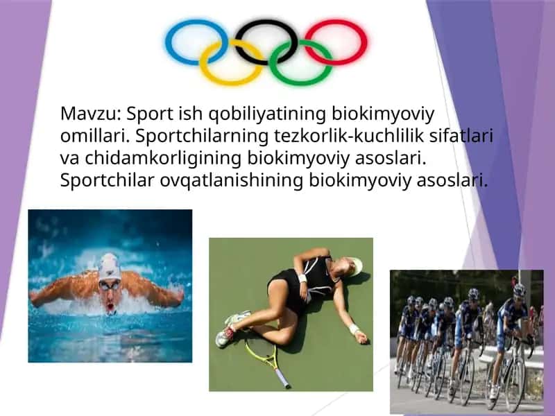 Sport ish qobiliyatining biokimyoviy omillari. Sportchilarning tezkorlik-kuchlilik sifatlari va chidamkorligining biokimyoviy asoslari. Sportchilar ovqatlanishining biokimyoviy asoslari 1