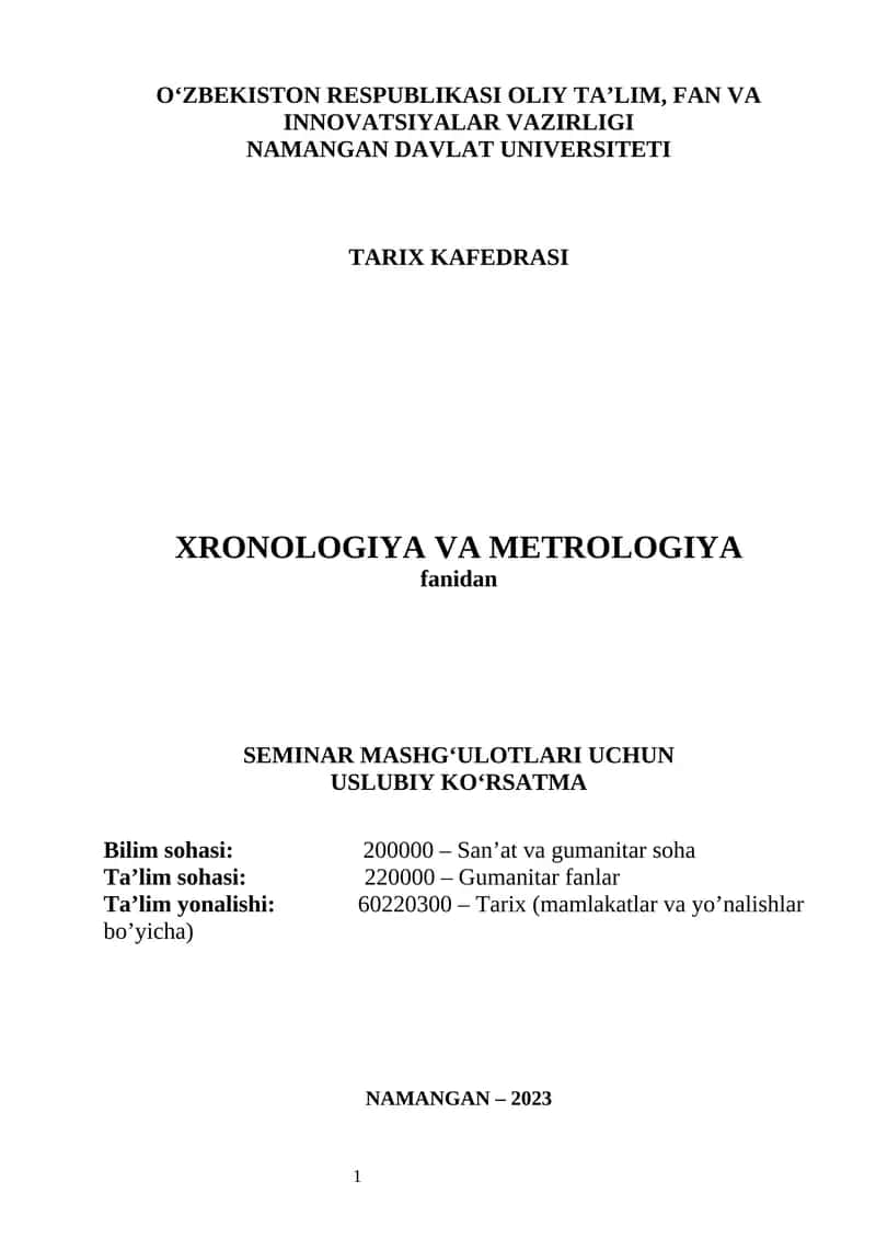 XRONOLOGIYA VA METROLOGIYA fanidan SEMINAR MASHG‘ULOTLARI UCHUN USLUBIY KO‘RSATMA 1