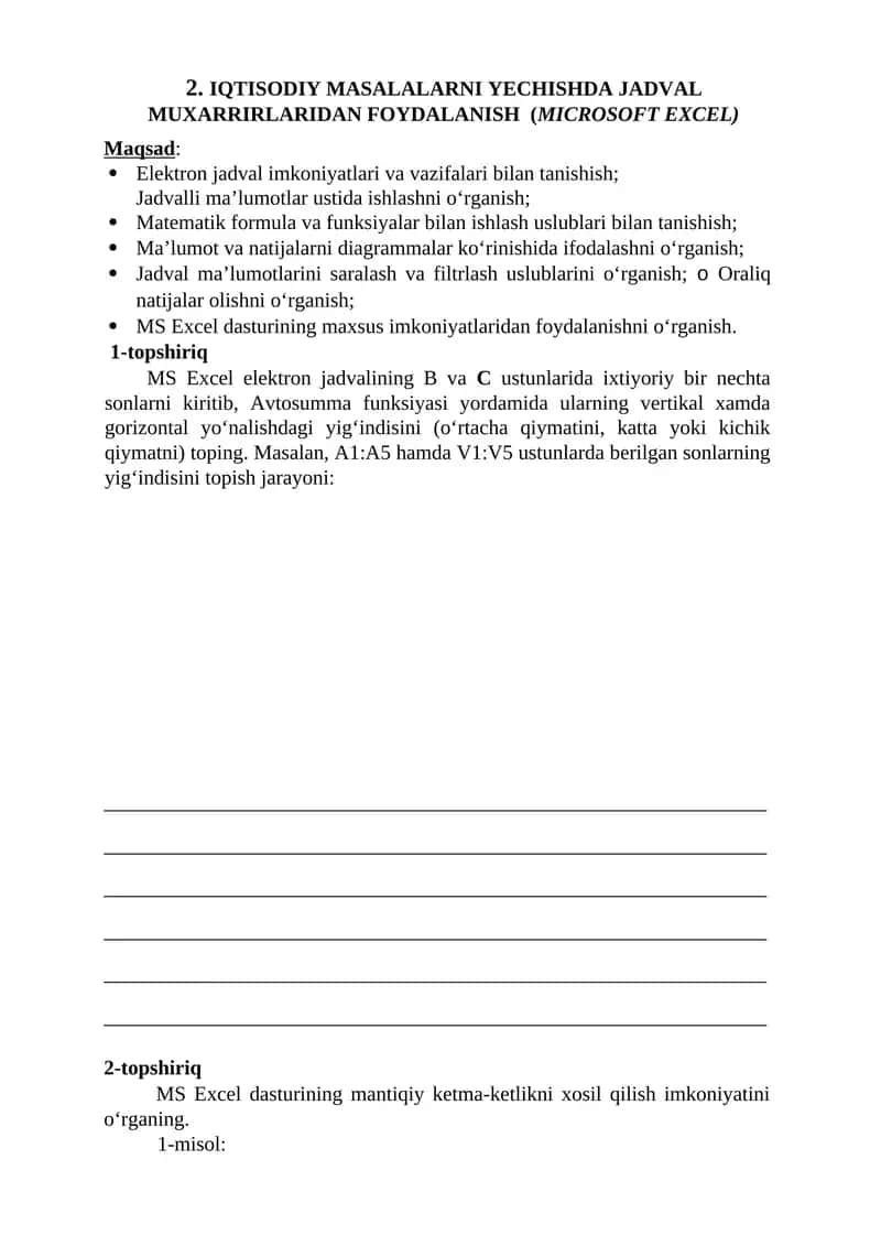 IQTISODIY MASALALARNI YECHISHDA JADVAL MUXARRIRLARIDAN FOYDALANISH (MICROSOFT EXCEL) 1