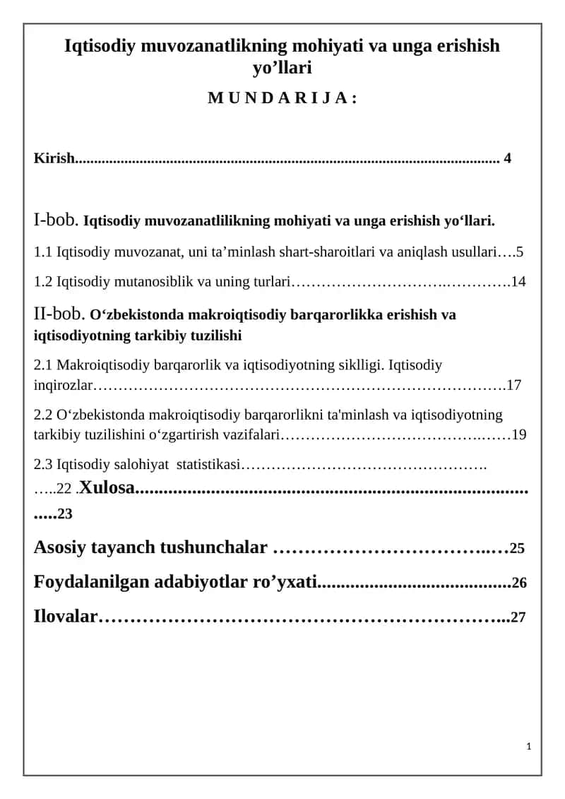 Iqtisodiy muvozanatlikning mohiyati va unga erishish yo’llari 1