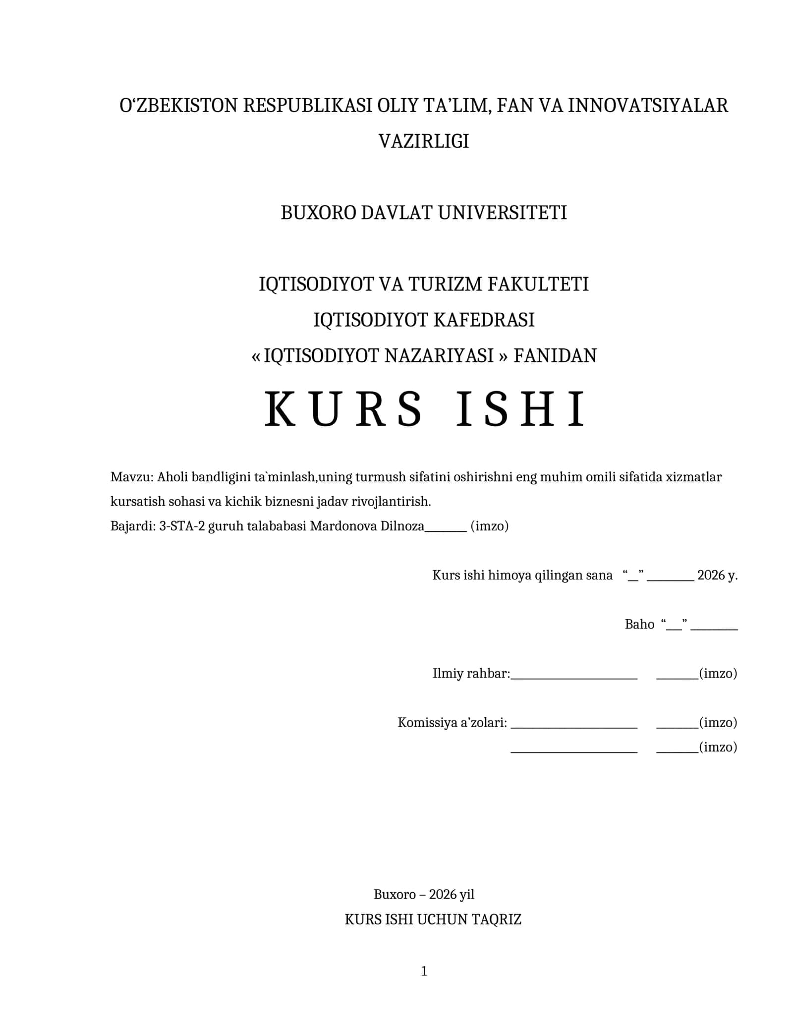 Aholi bandligini ta`minlash,uning turmush sifatini oshirishni eng muhim omili sifatida xizmatlar kursatish sohasi va kichik biznesni jadav rivojlantirish 1