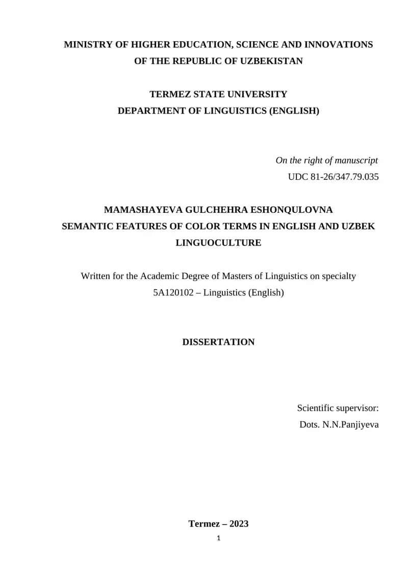 SEMANTIC FEATURES OF COLOR TERMS IN ENGLISH AND UZBEK LINGUOCULTURE 1