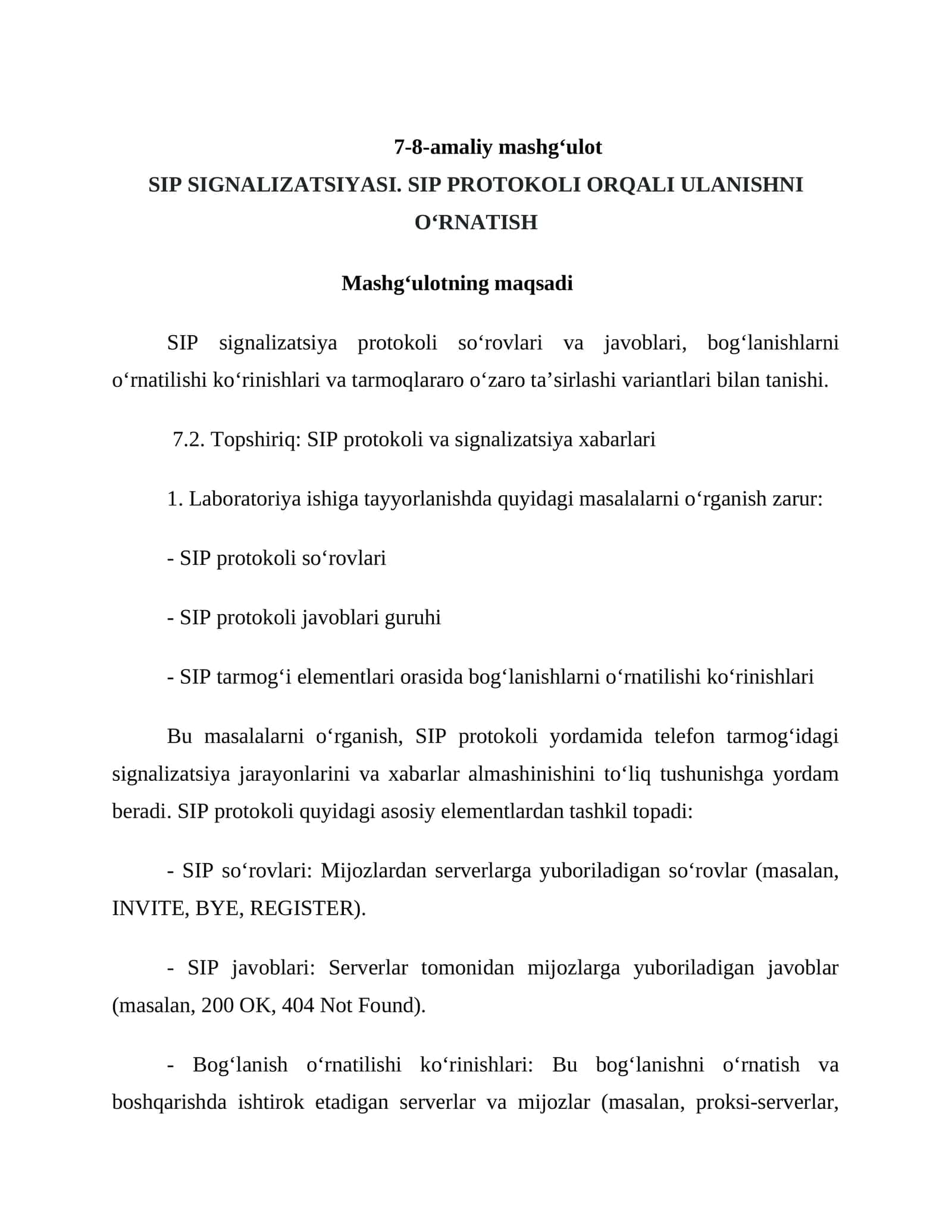 SIP SIGNALIZATSIYASI. SIP PROTOKOLI ORQALI ULANISHNI O‘RNATISH 1