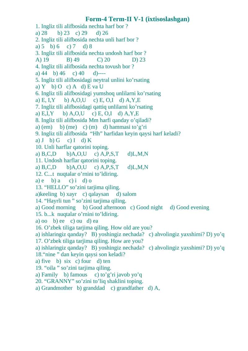 Form-4 Term-II V-1 (ixtisoslashgan) 1