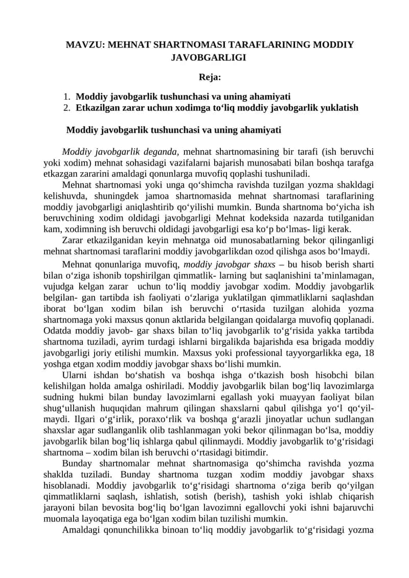 MEHNAT SHARTNOMASI TARAFLARINING MODDIY JAVOBGARLIGI 1