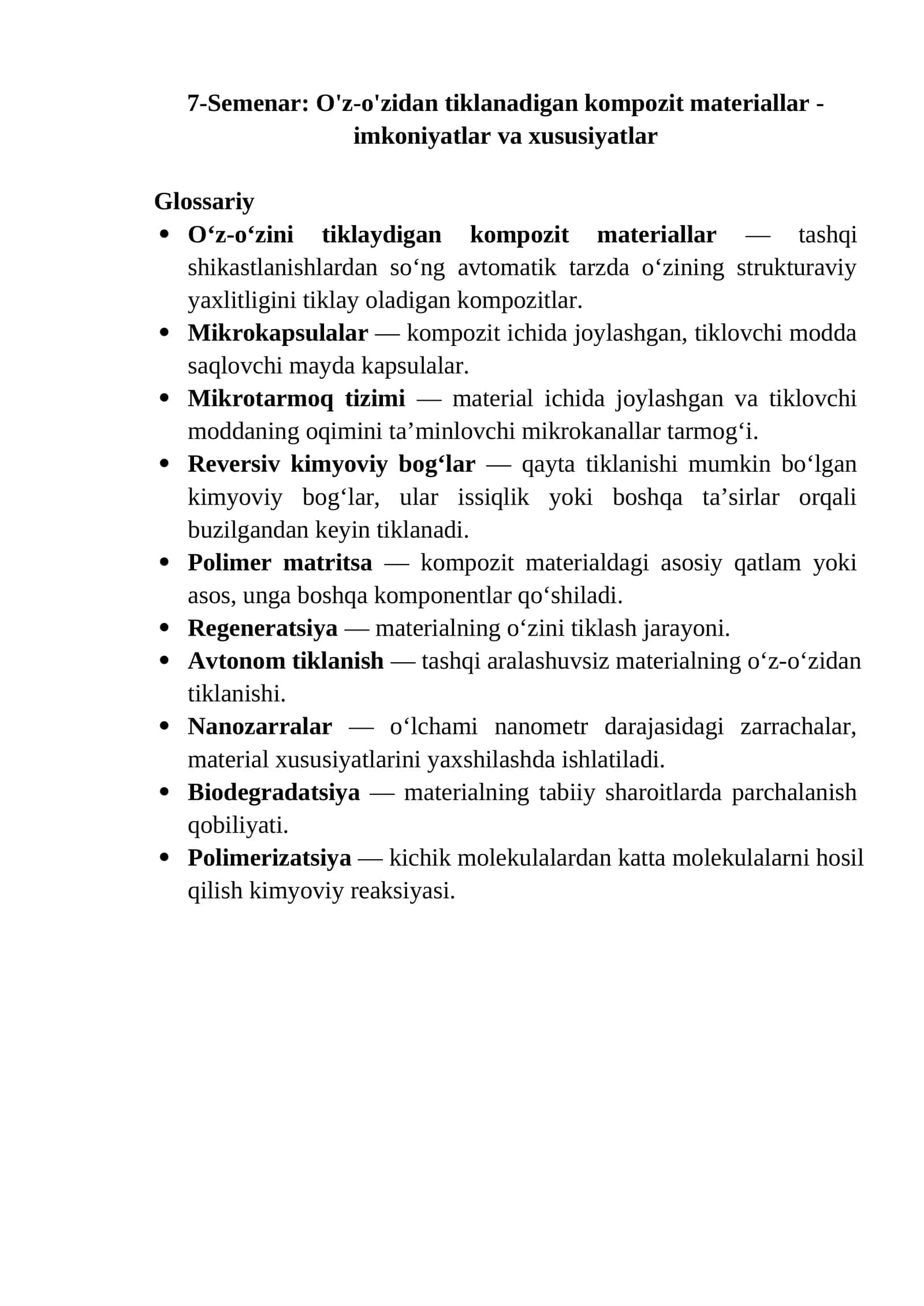 O'z-o'zidan tiklanadigan kompozit materiallar - imkoniyatlar va xususiyatlar 1