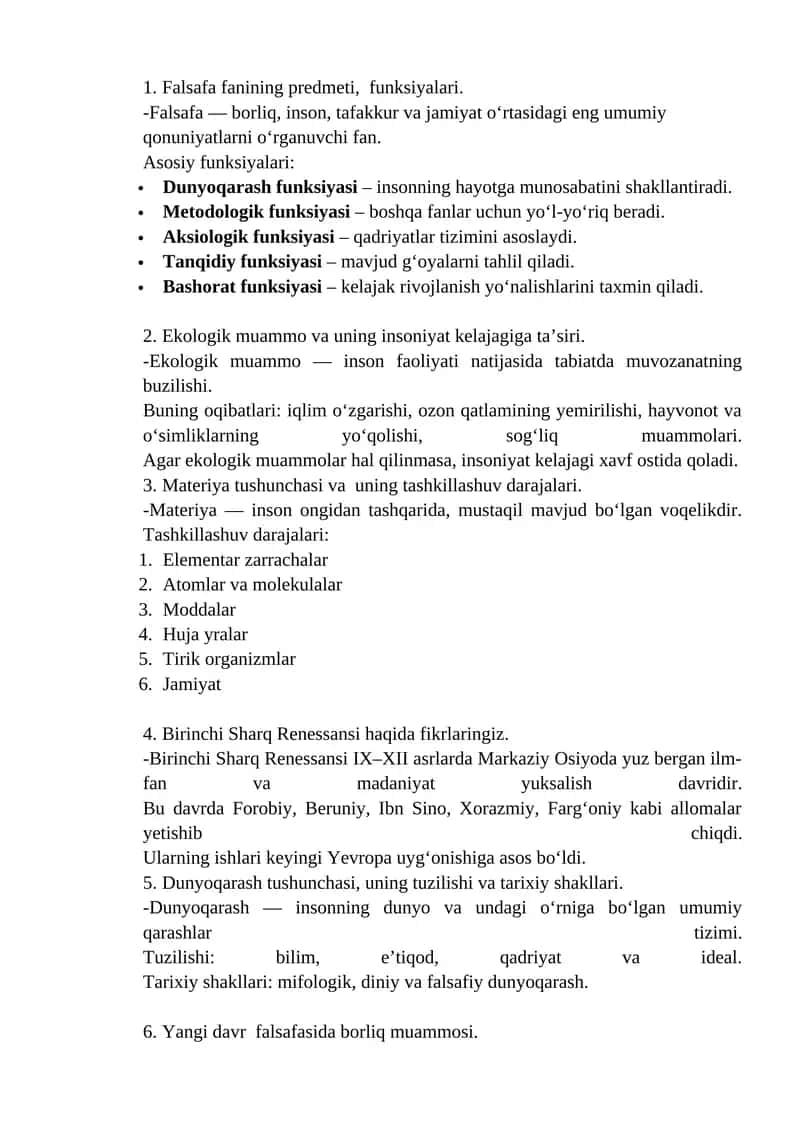 Falsafa fanining predmeti, funksiyalari 1