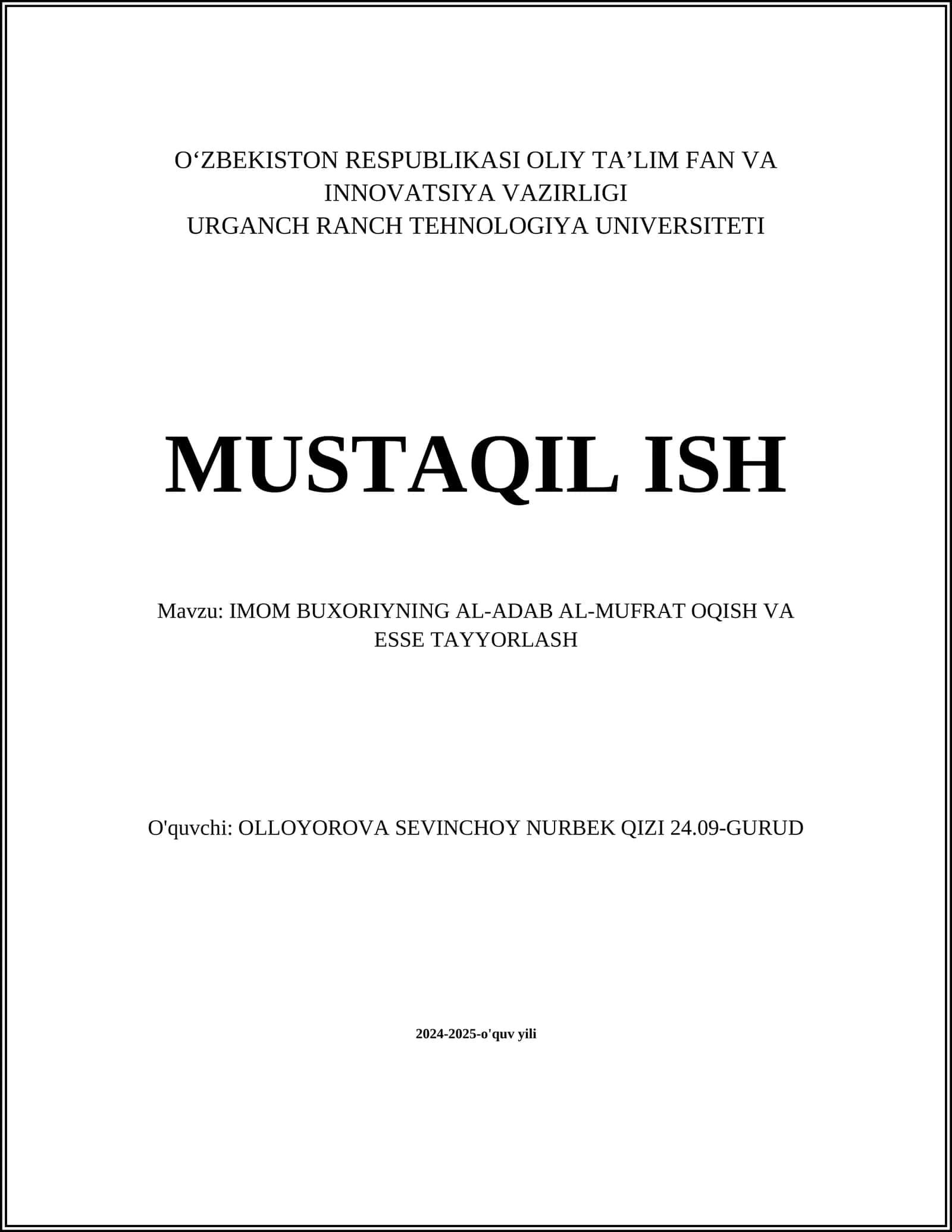 IMOM BUXORIYNING AL-ADAB AL-MUFRAT OQISH VA ESSE TAYYORLASH 1