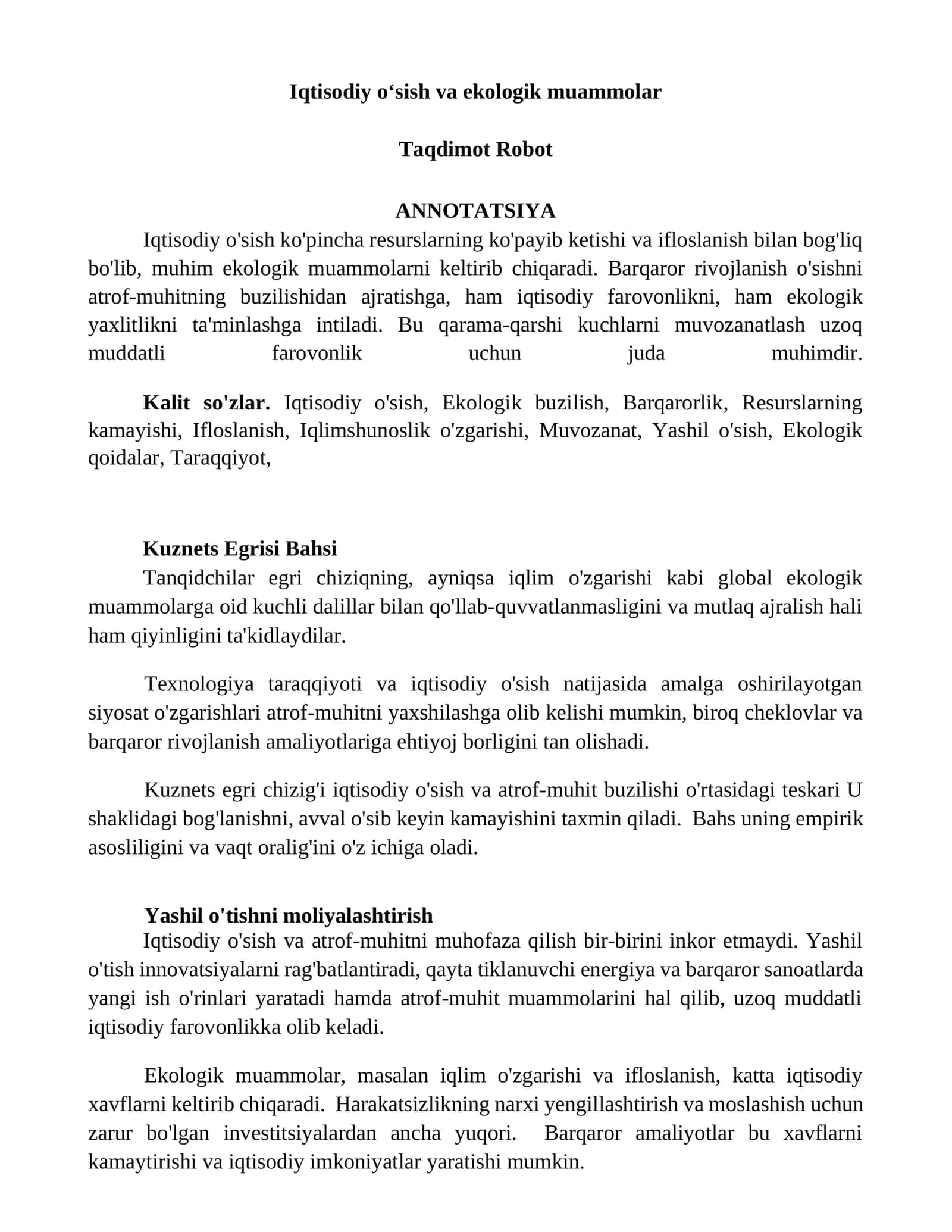 Iqtisodiy oʻsish va ekologik muammolar 1