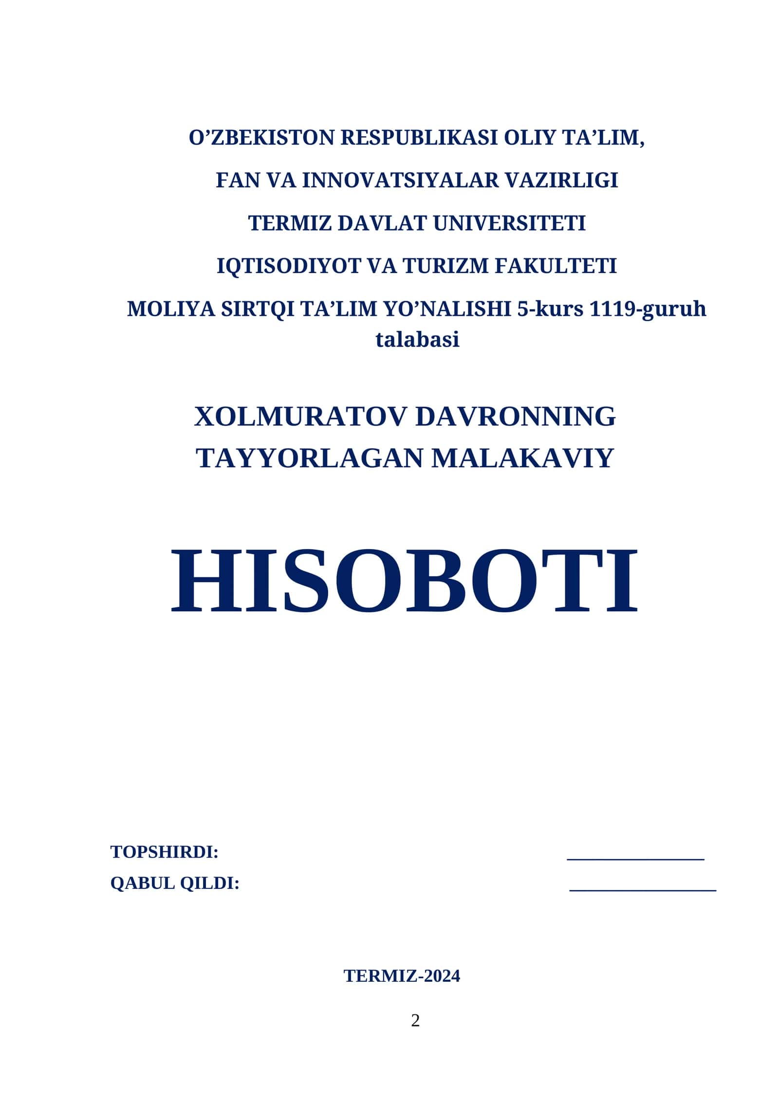 Moliya Sirtqi Ta'lim Yo'nalishi Malakaviy Hisoboti 1