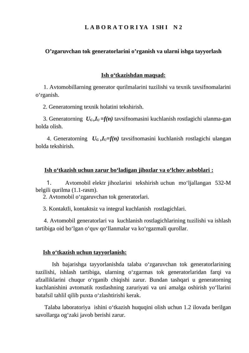 O'zgaruvchan tok generatorlarini oʻrganish va ularni ishga tayyorlash 1