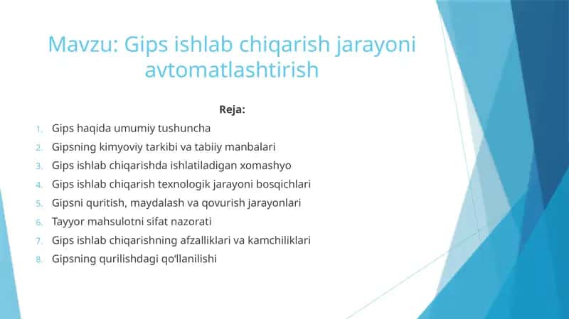 Gips ishlab chiqarish jarayoni avtomatlashtirish 1
