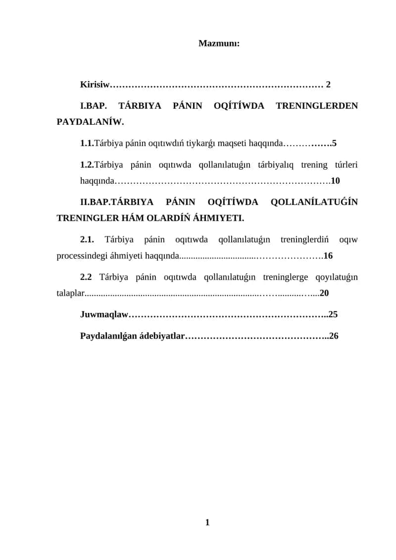 KURS JUMISI TÁRBIYA PÁNIN OQITIWDA TRENINGLERDEN PAYDALANIW 1