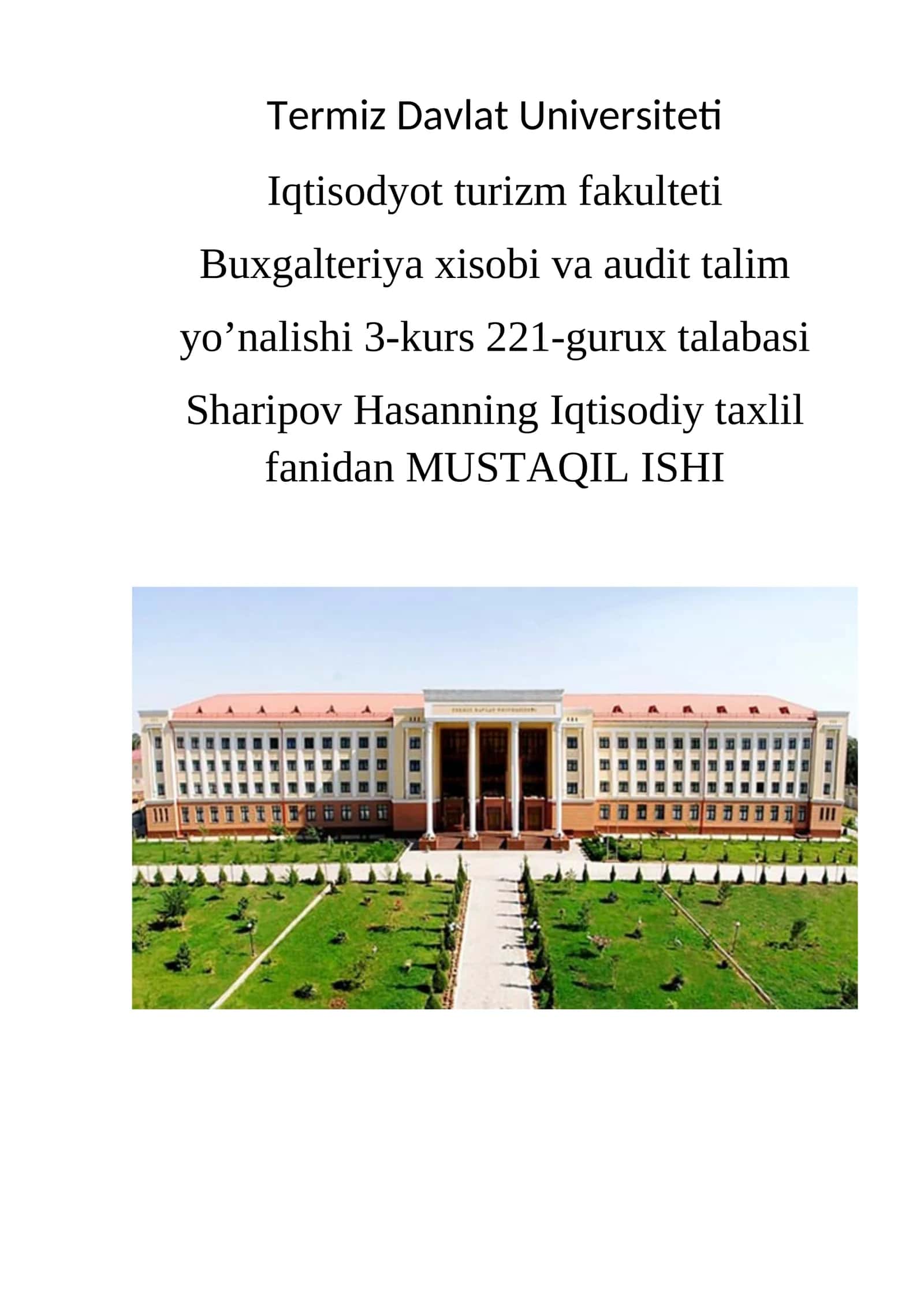 Sharipov Hasanning Iqtisodiy taxlil fanidan MUSTAQIL ISHI 1