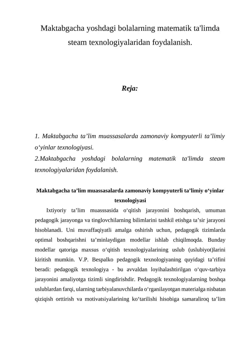 Maktabgacha yoshdagi bolalarning matematik ta'limda steam texnologiyalaridan foydalanish 1