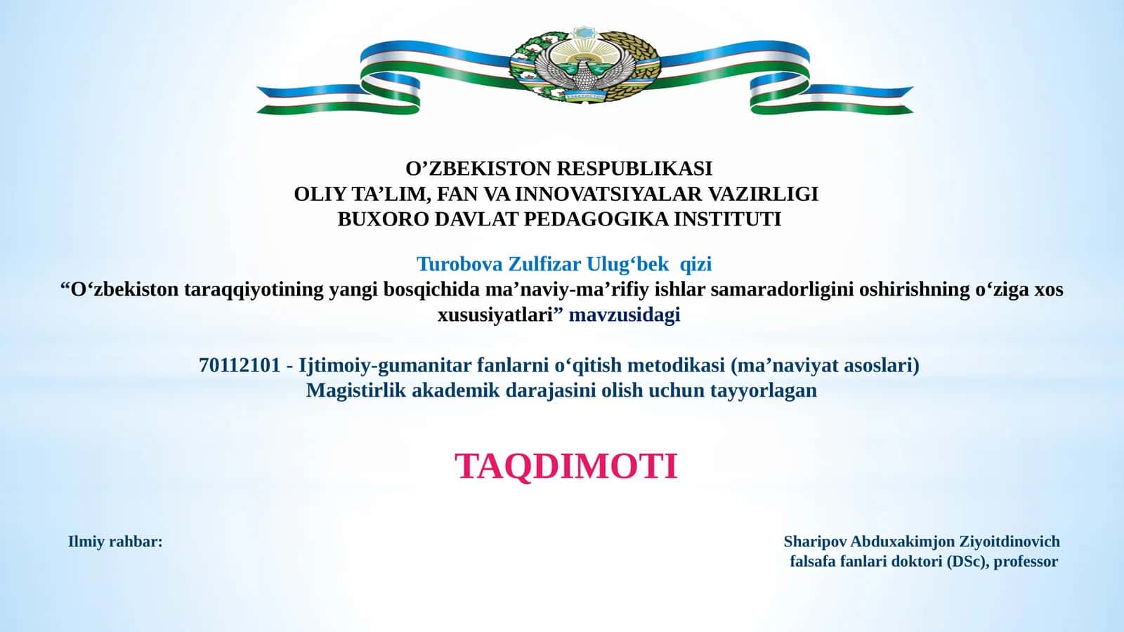 O‘zbekiston taraqqiyotining yangi bosqichida ma’naviy-ma’rifiy ishlar samaradorligini oshirishning o‘ziga xos xususiyatlari 1