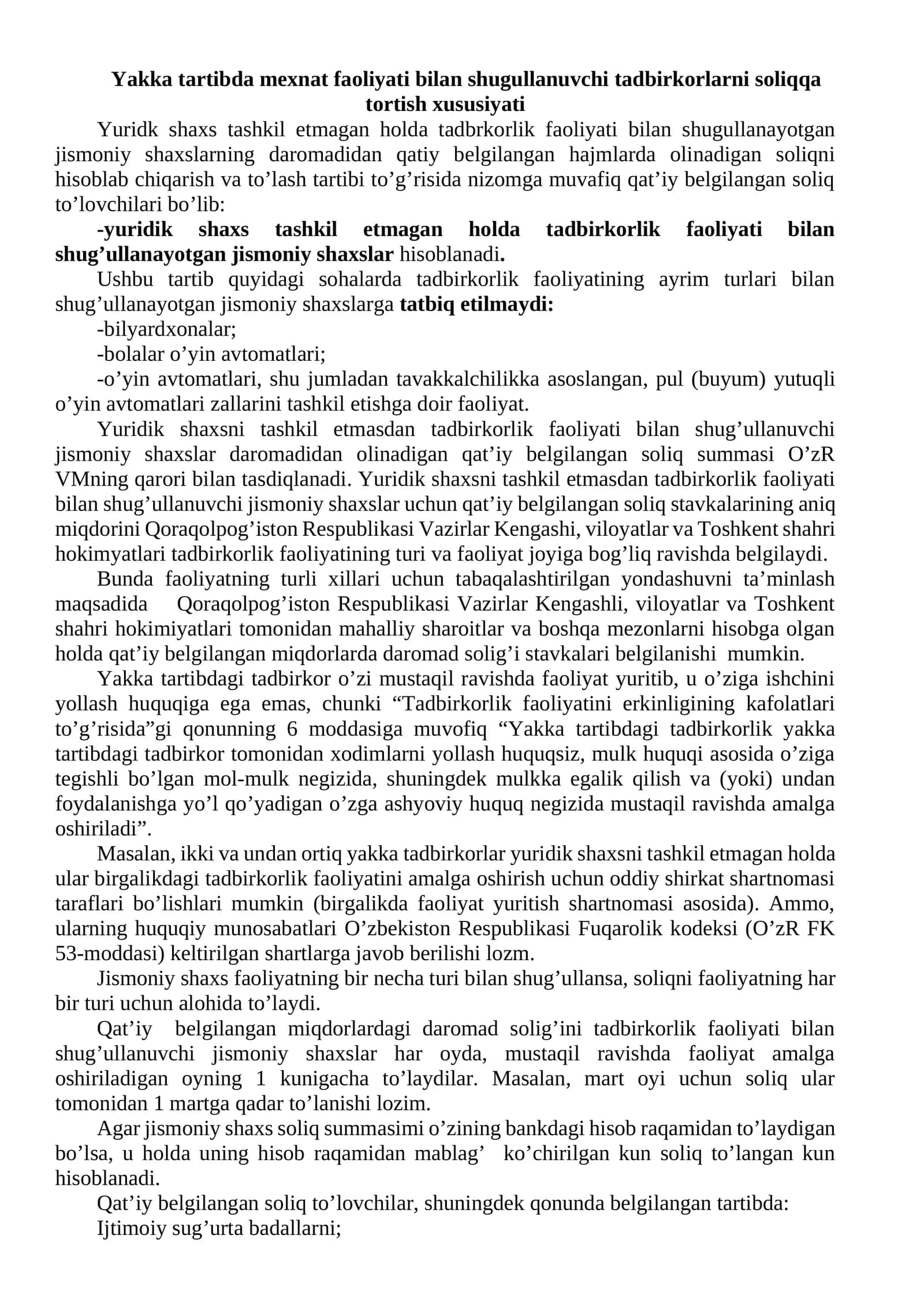 Yakka tartibda mehnat faoliyati bilan shug'ullanuvchi tadbirkorlarni soliqqa tortish xususiyati 1