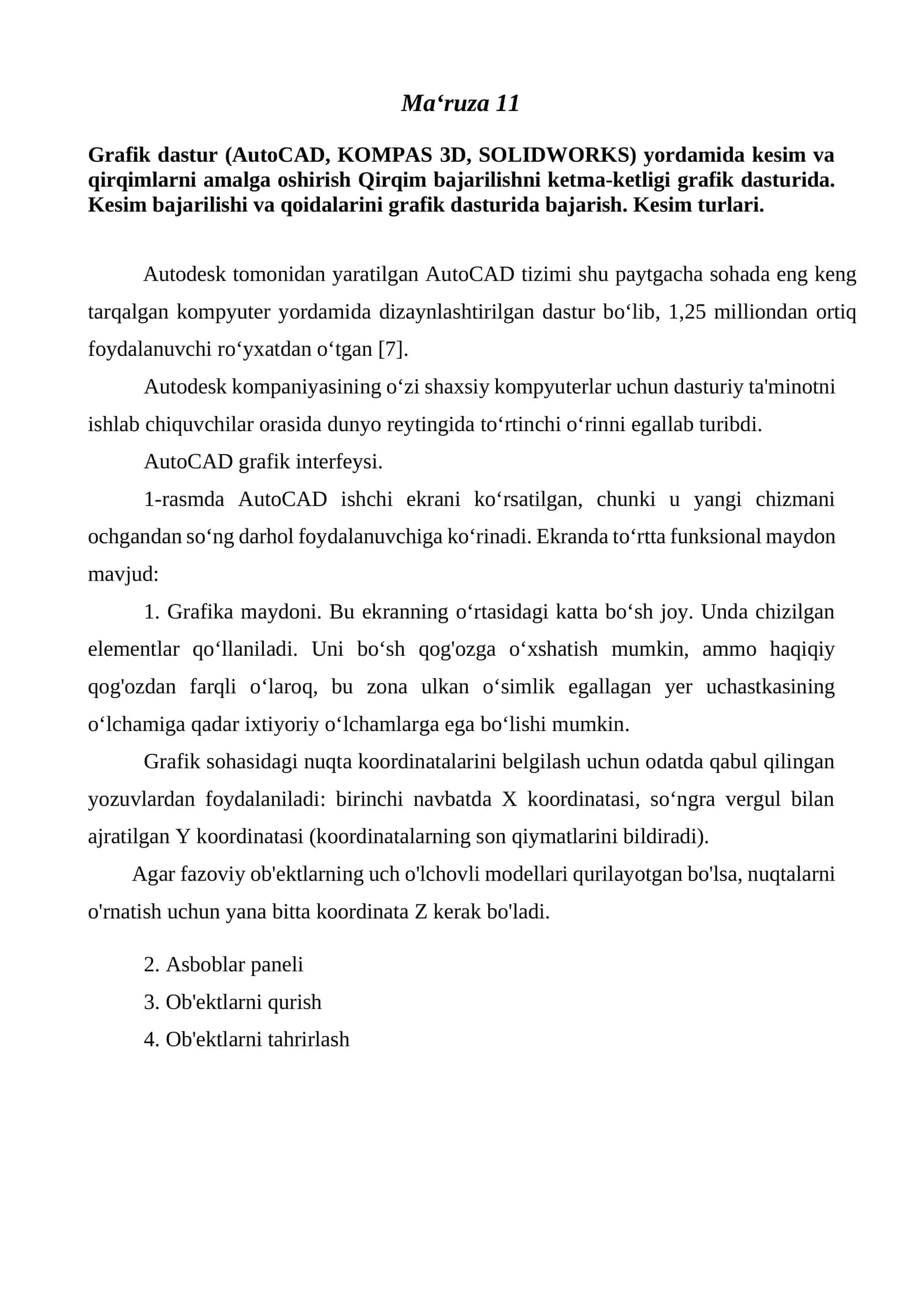 Grafik dastur (AutoCAD, KOMPAS 3D, SOLIDWORKS) yordamida kesim va qirqimlarni amalga oshirish 1
