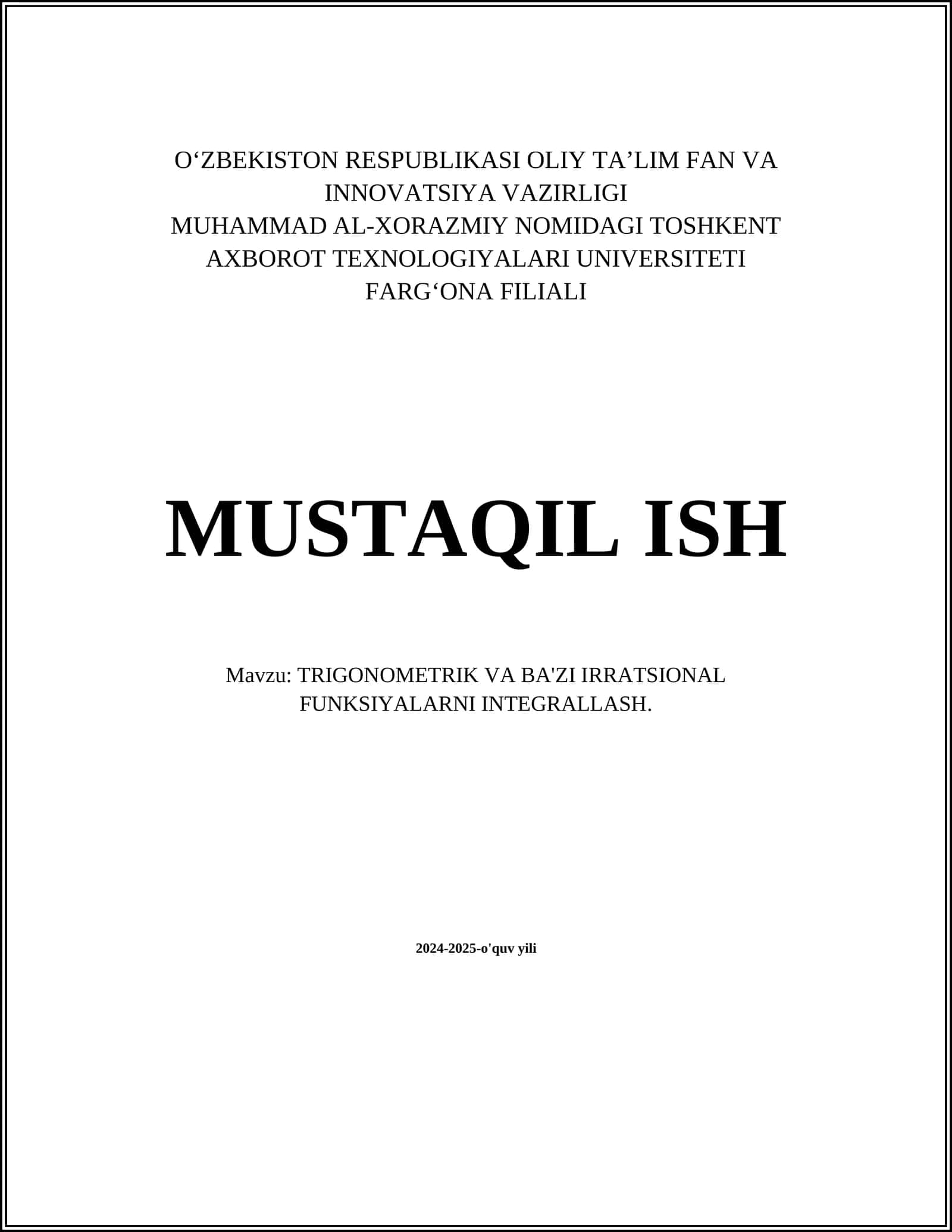 TRIGONOMETRIK VA BA'ZI IRRATSIONAL FUNKSIYALARNI INTEGRALLASH 1