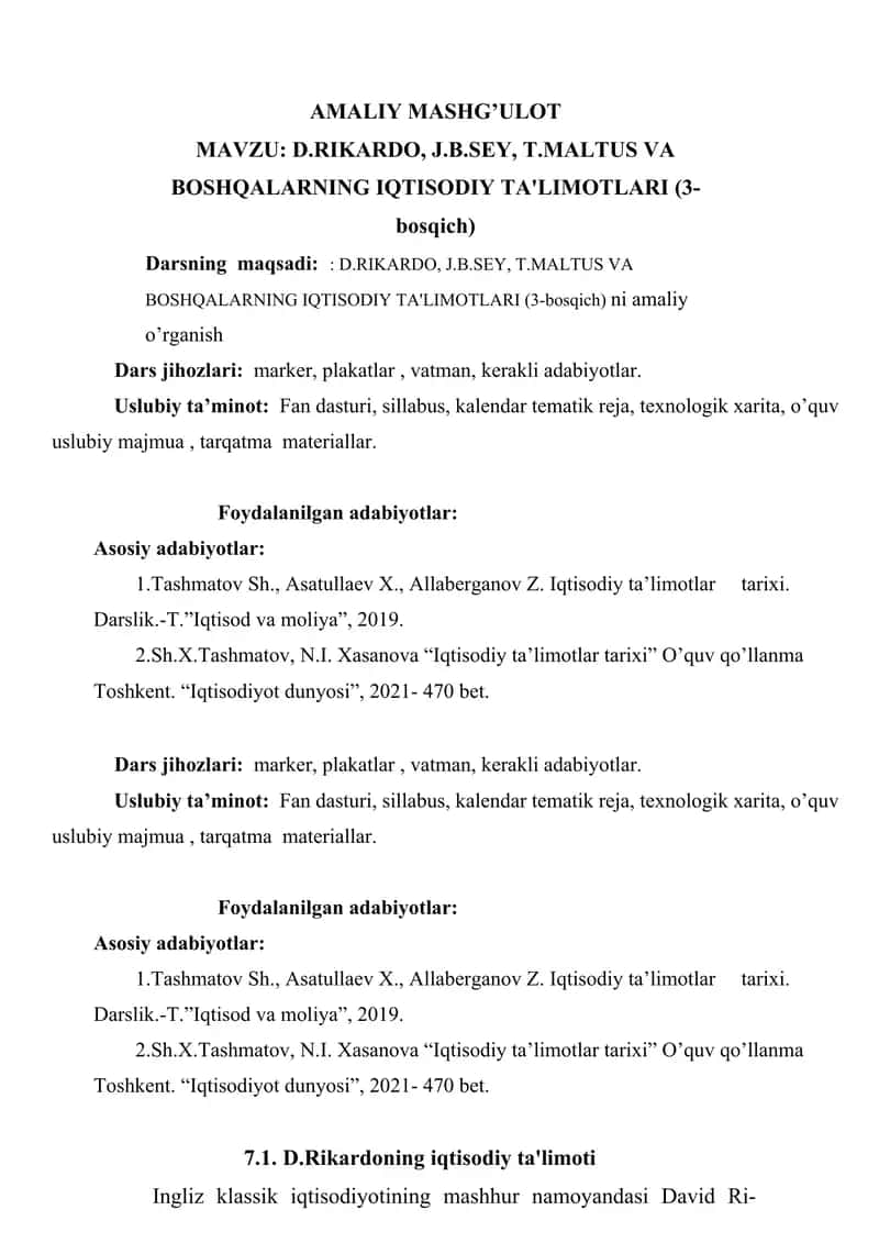 .RIKARDO, J.B.SEY, T.MALTUS VA BOSHQALARNING IQTISODIY TA'LIMOTLARI (3-bosqich) 1