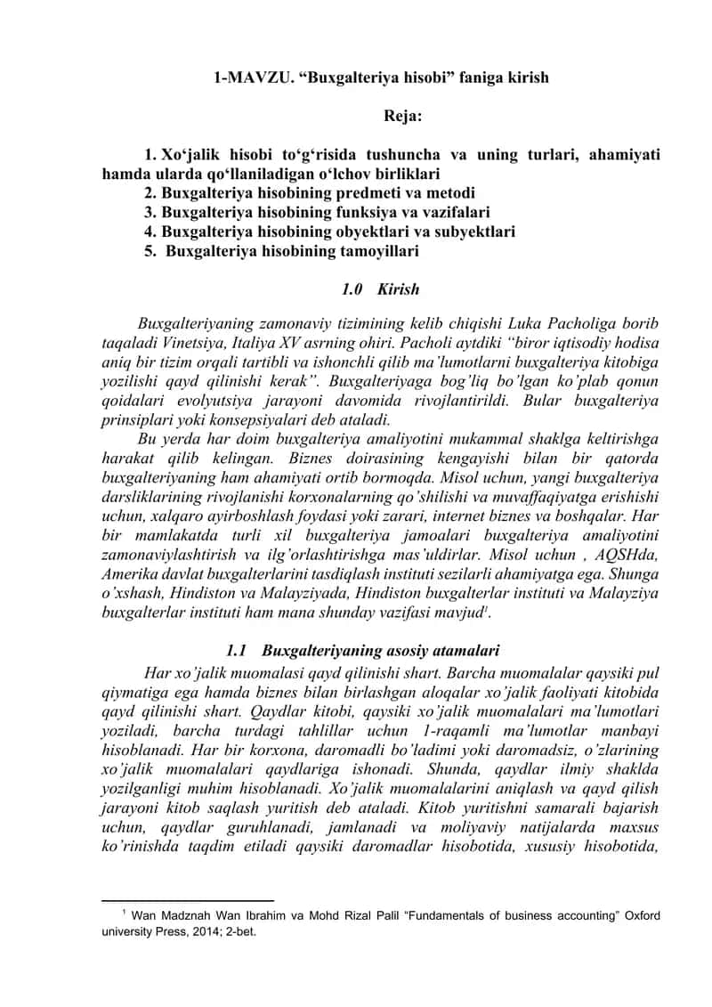“Buxgalteriya hisobi” faniga kirish 1