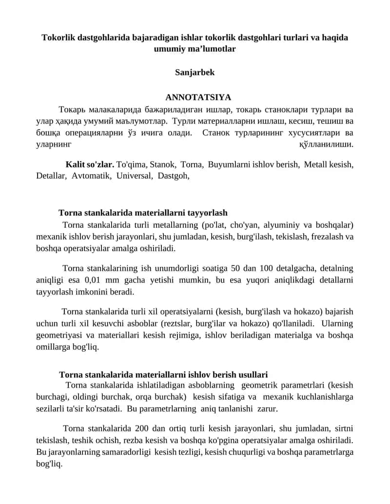 Tokorlik dastgohlarida bajaradigan ishlar tokorlik dastgohlari turlari va haqida umumiy maʼlumotlar 1