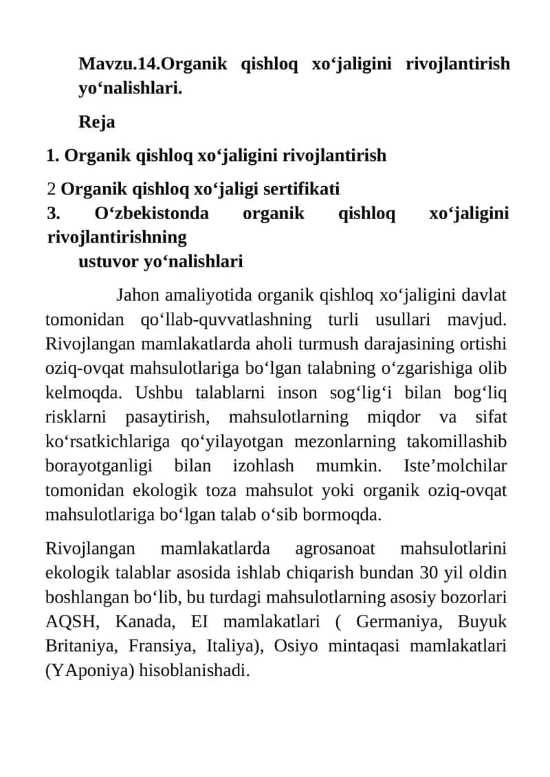 Organik qishloq xo‘jaligini rivojlantirish yo‘nalishlari 1