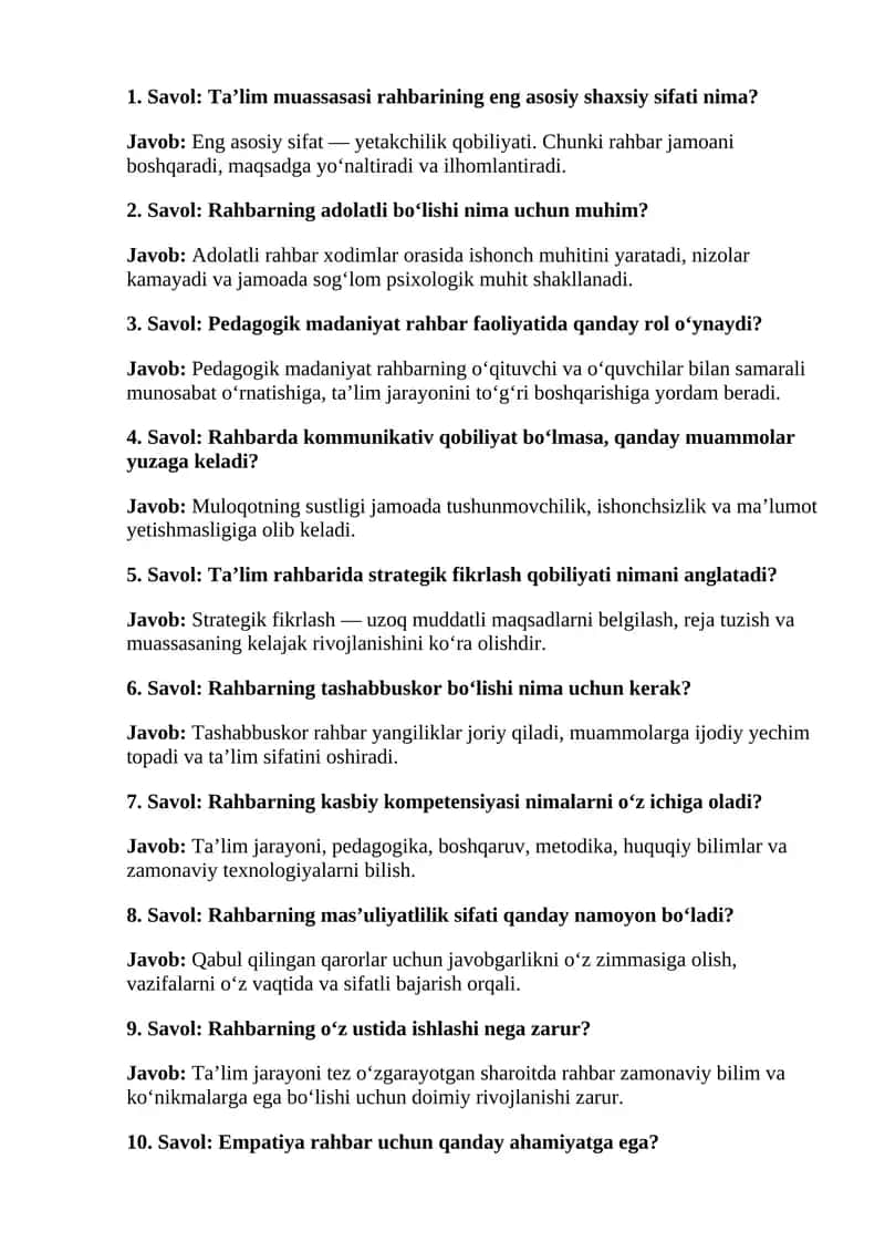 Ta'lim muassasi rahbarining shaxsiy sifatlari Test 1