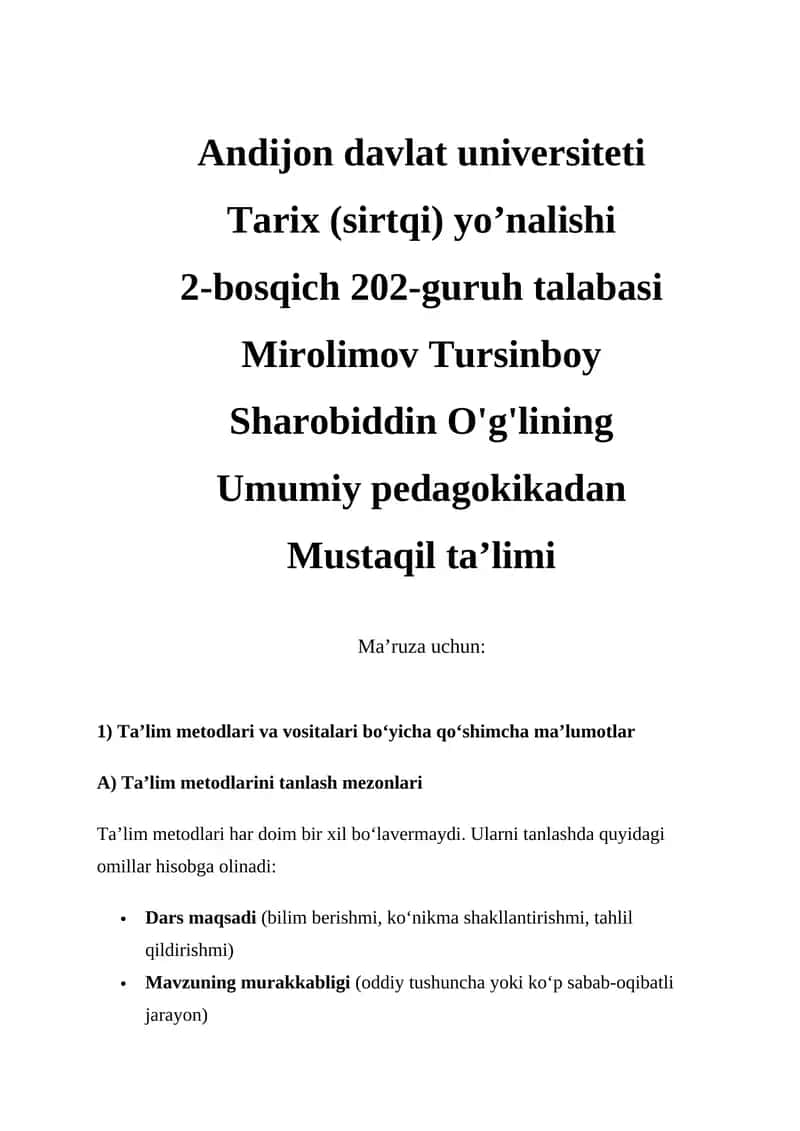 Ta'lim metodlari va vositalari bo‘yicha qo‘shimcha ma’lumotlar 1