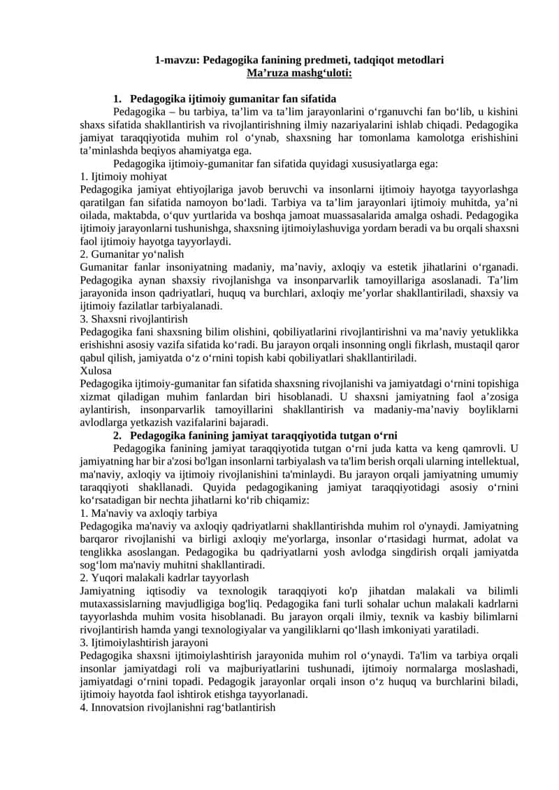 1-mavzu: Pedagogika fanining predmeti, tadqiqot metodlari 1