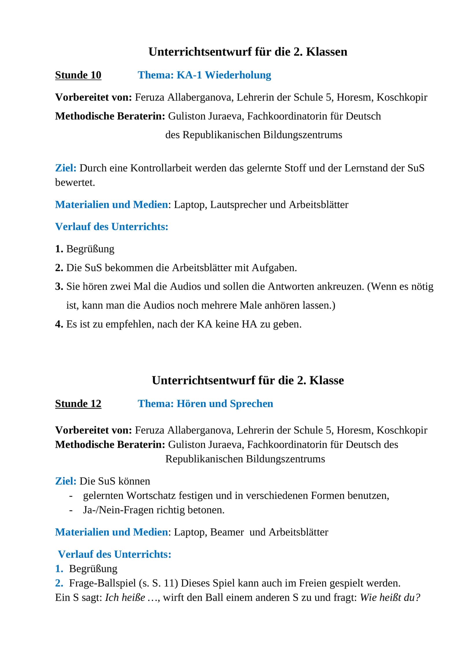 Unterrichtsentwurf für die 2. Klassen 1