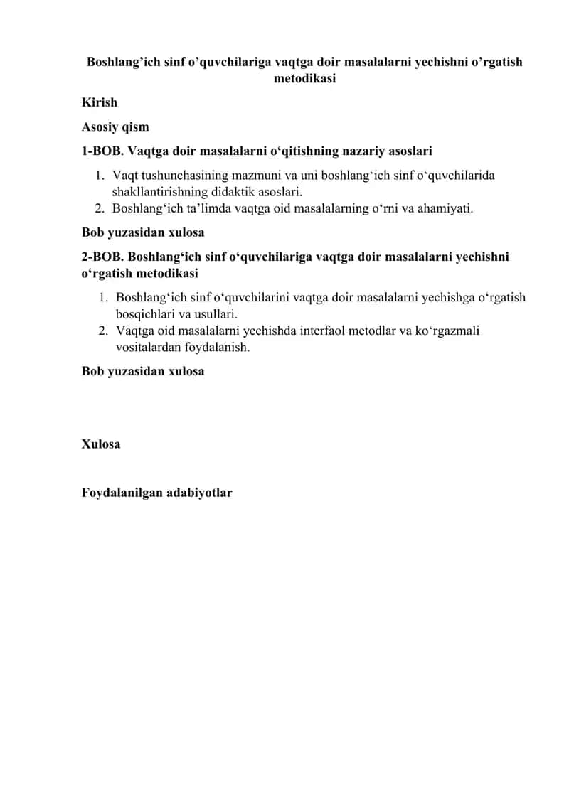 Boshlang’ich sinf o’quvchilariga vaqtga doir masalalarni yechishni o’rgatish metodikasi 1