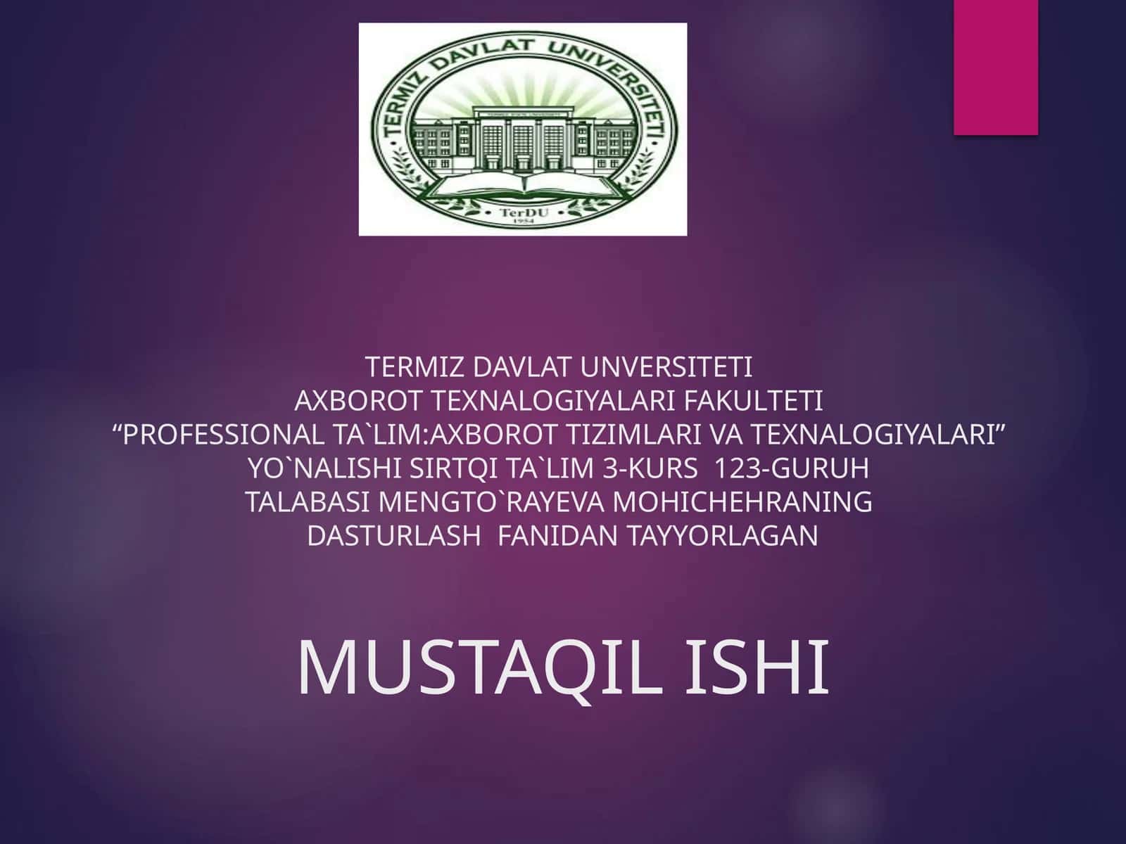 DASTURLASH FANIDAN TAYYORLAGAN MUSTAQIL ISHI MASSIVLAR 1