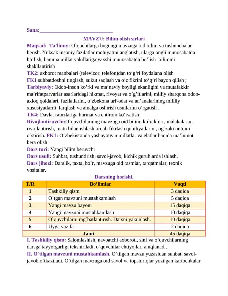 1-sinf Tarbiya Bilim olish sirlari dars ishlanma 1