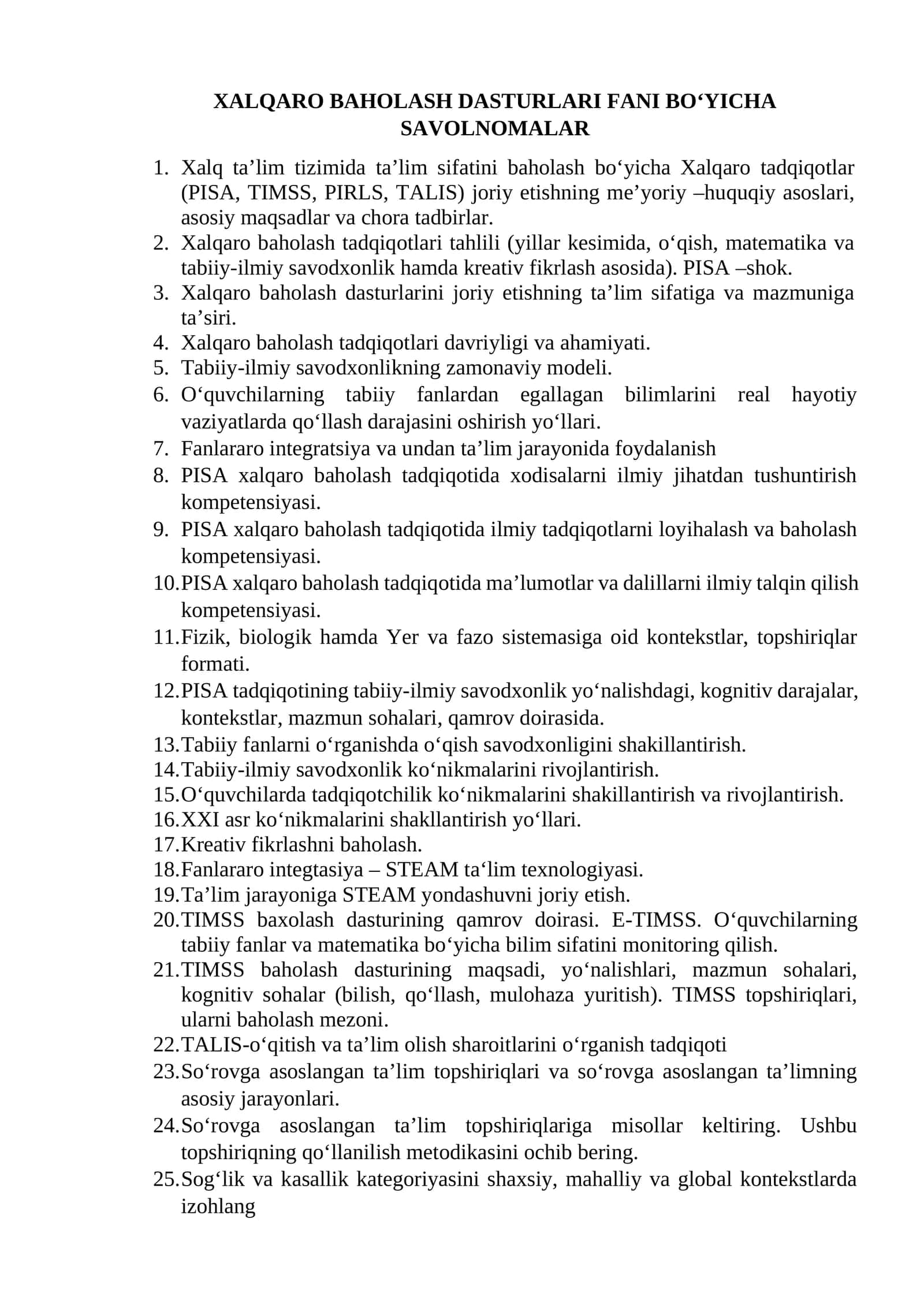 XALQARO BAHOLASH DASTURLARI FANI BO‘YICHA SAVOLNOMALAR 1