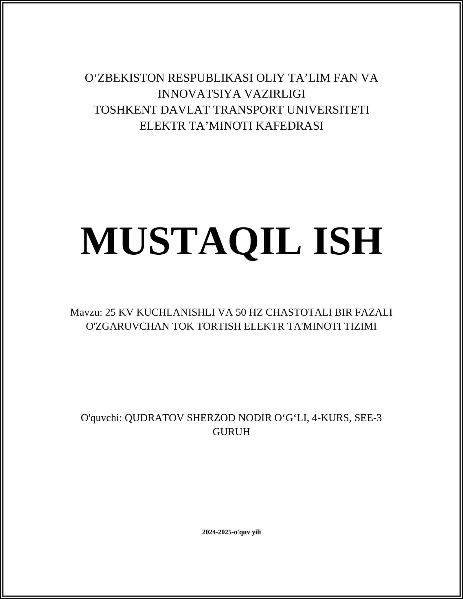 25 KV KUCHLANISHLI VA 50 HZ CHASTOTALI BIR FAZALI O'ZGARUVCHAN TOK TORTISH ELEKTR TA'MINOTI TIZIMI 1