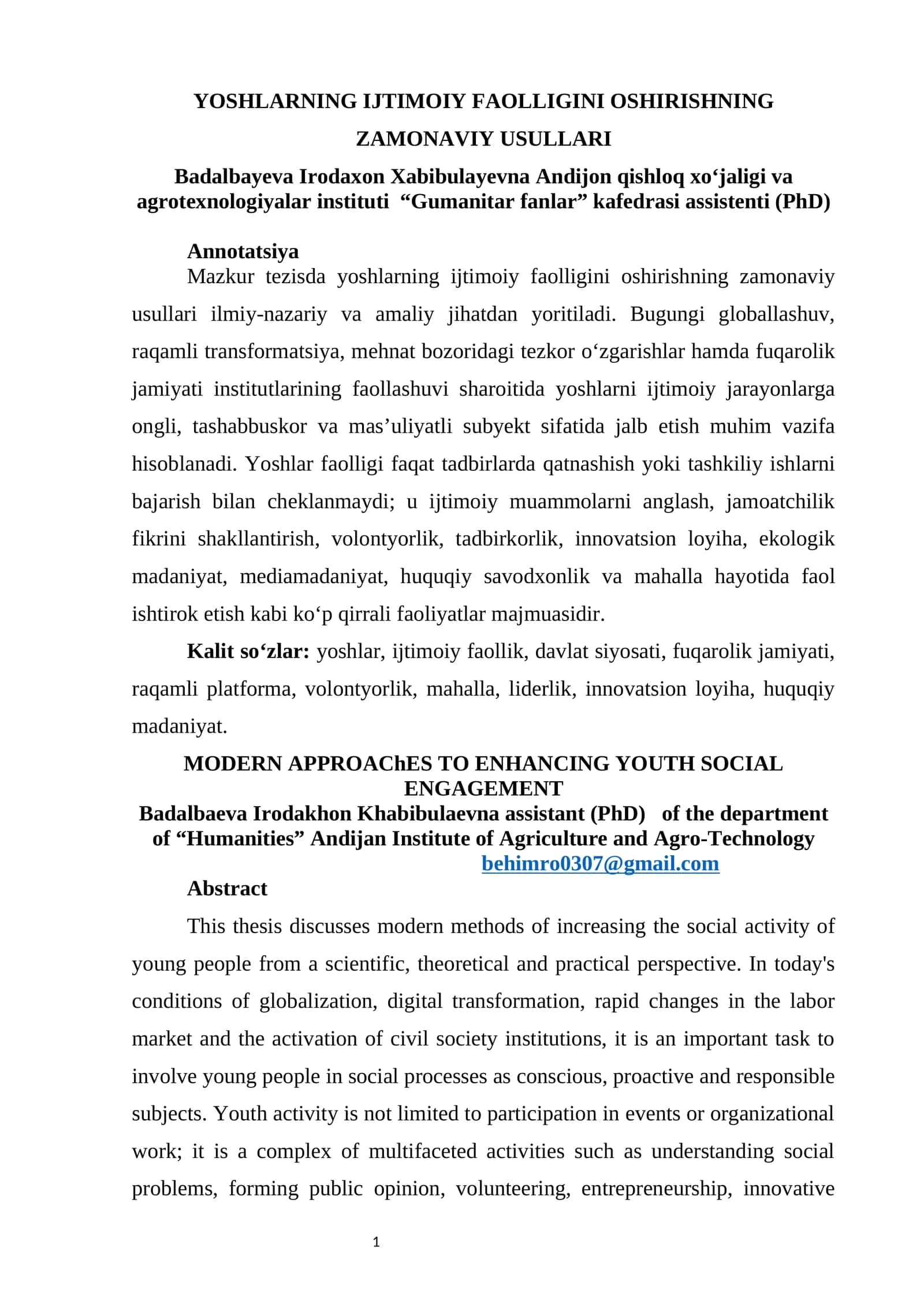 YOSHLARNING IJTIMOIY FAOLLIGINI OSHIRISHNING ZAMONAVIY USULLARI 1