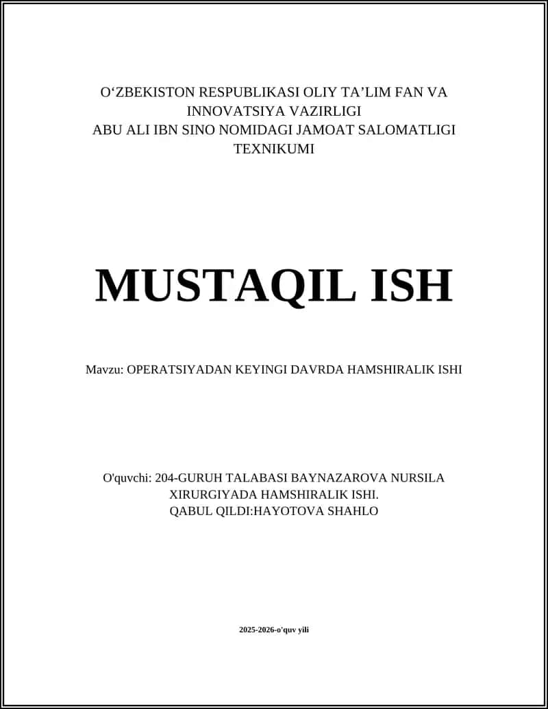 OPERATSIYADAN KEYINGI DAVRDA HAMSHIRALIK ISHI 1