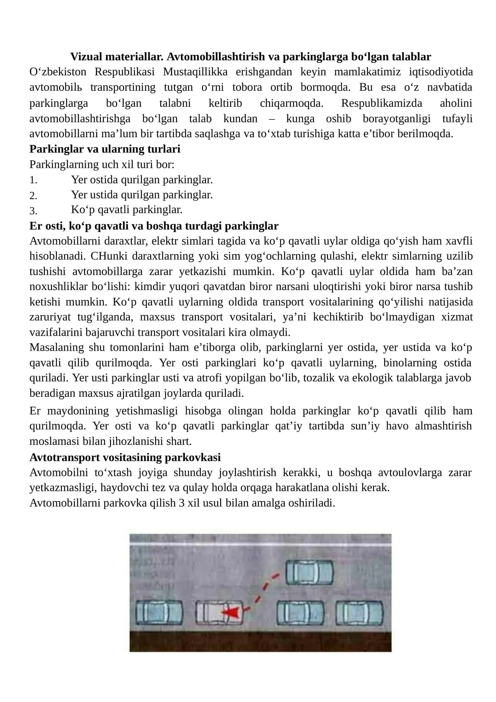 Avtomobillashtirish va parkinglarga bo‘lgan talablar 1