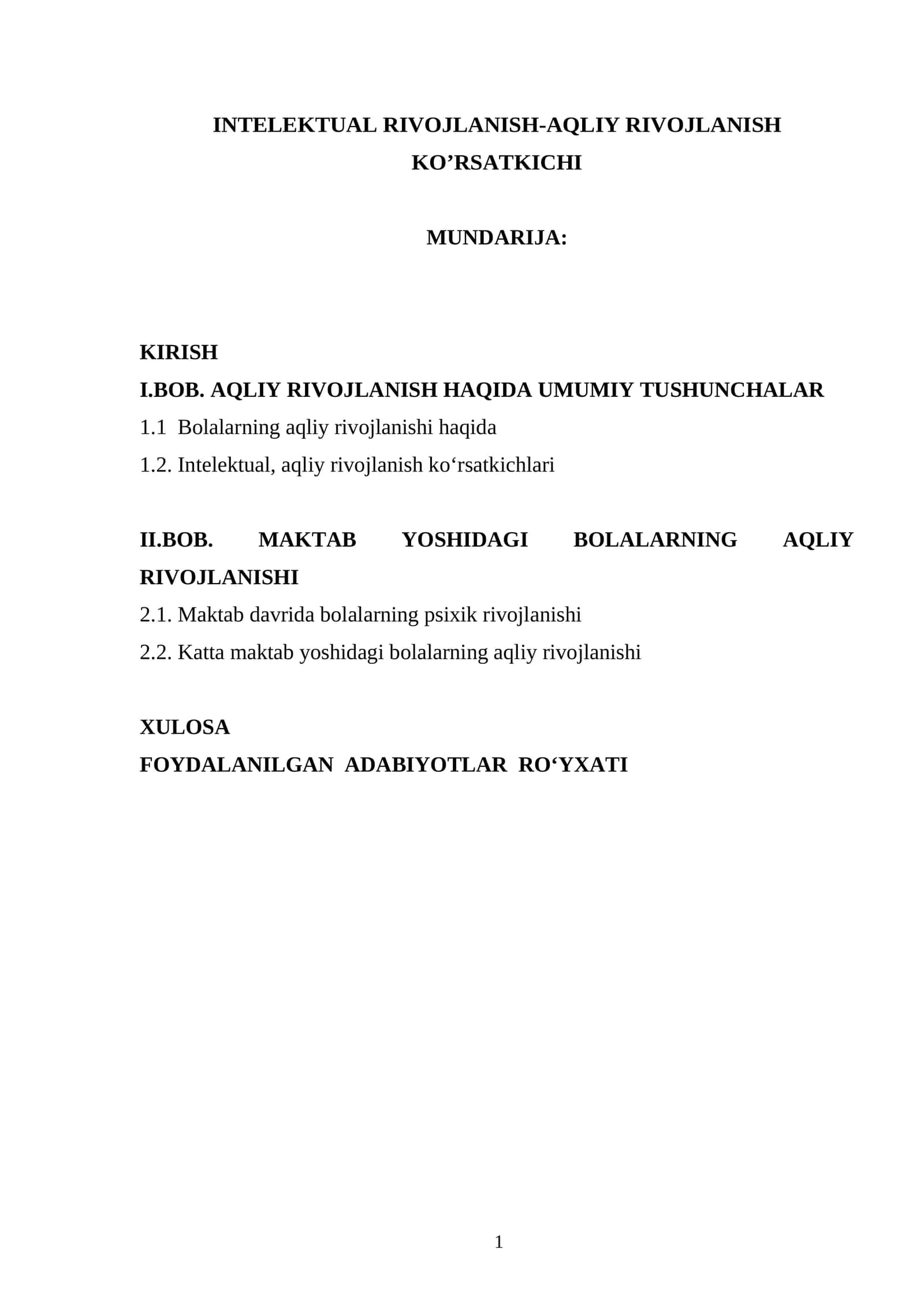 INTELEKTUAL RIVOJLANISH-AQLIY RIVOJLANISH KO’RSATKICHI 1