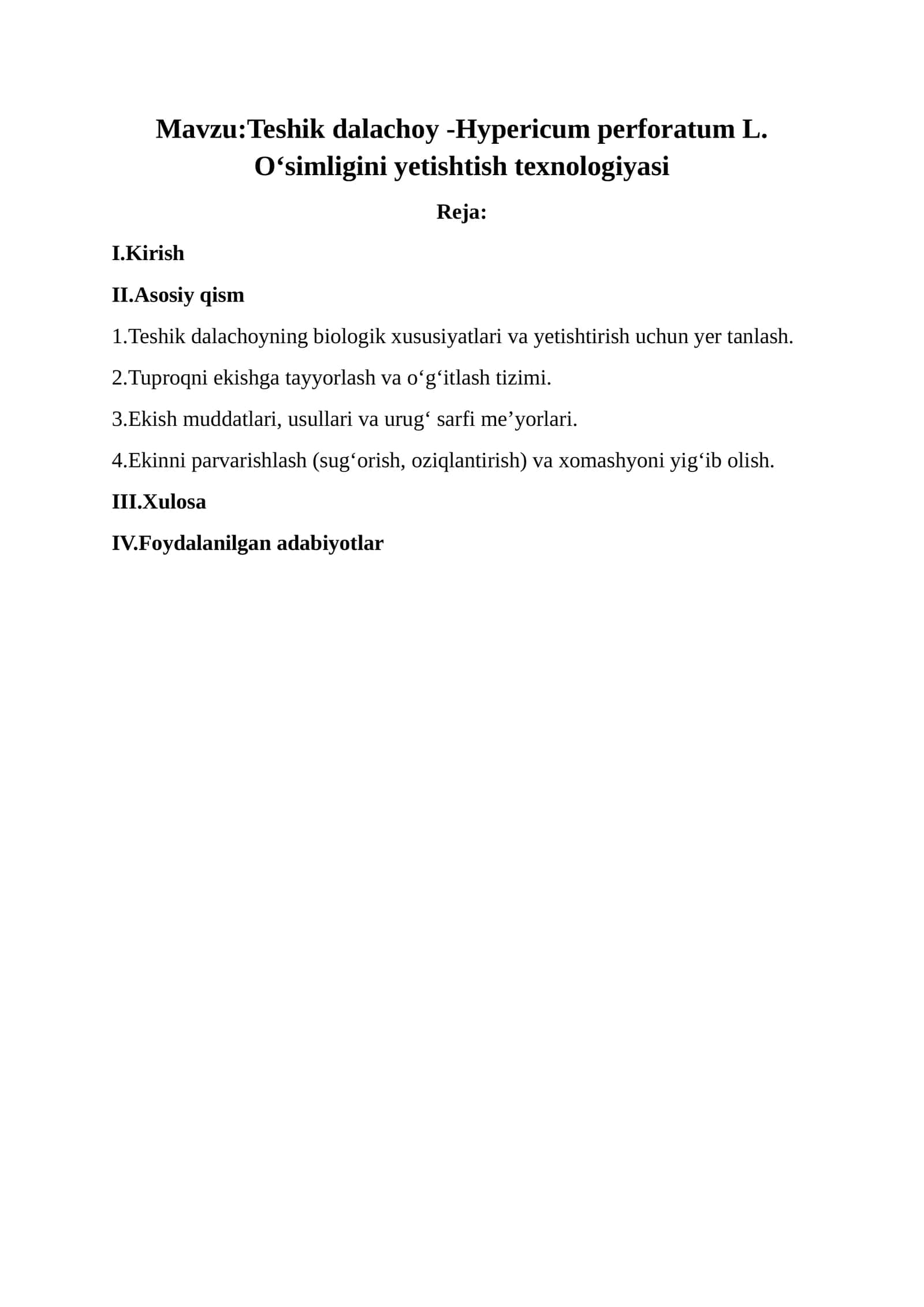Teshik dalachoy -Hypericum perforatum L. Oʻsimligini yetishtish texnologiyasi 1