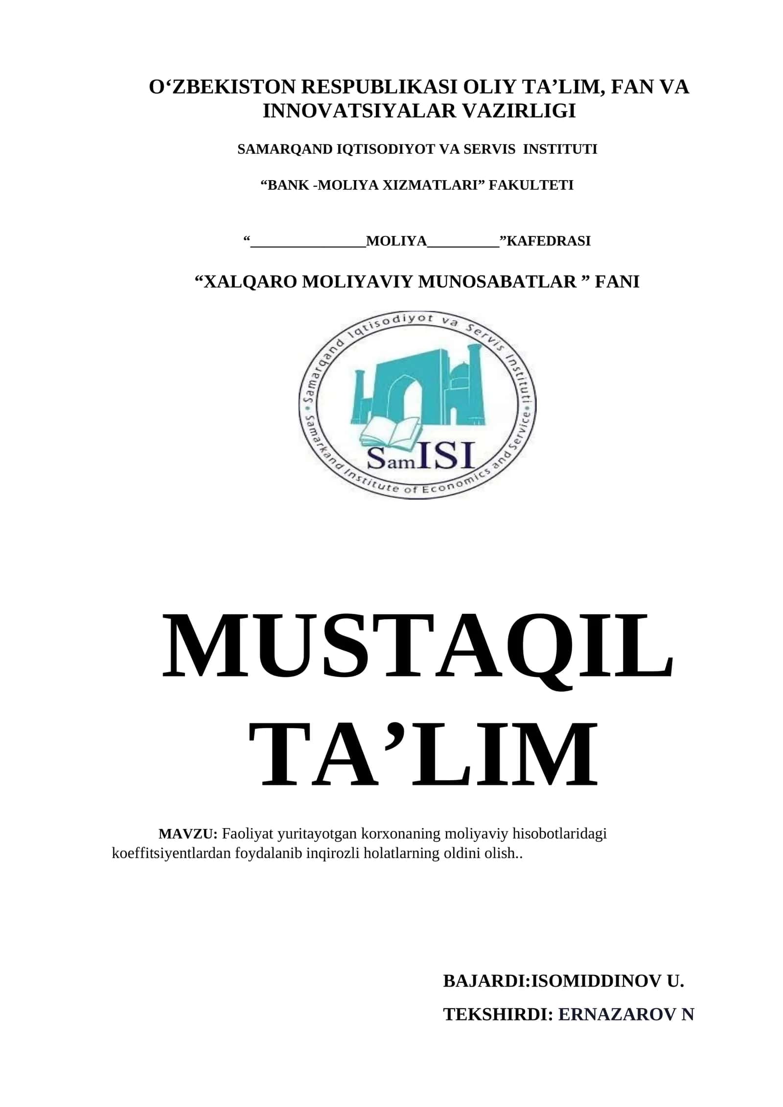 Faoliyat yuritayotgan korxonaning moliyaviy hisobotlaridagi koeffitsiyentlardan foydalanib inqirozli holatlarning oldini olish 1