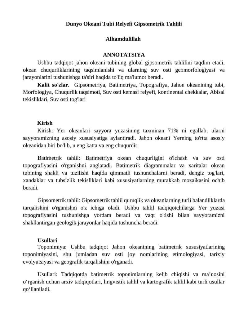 Dunyo Okeani Tubi Relyefi Gipsometrik Tahlili 1
