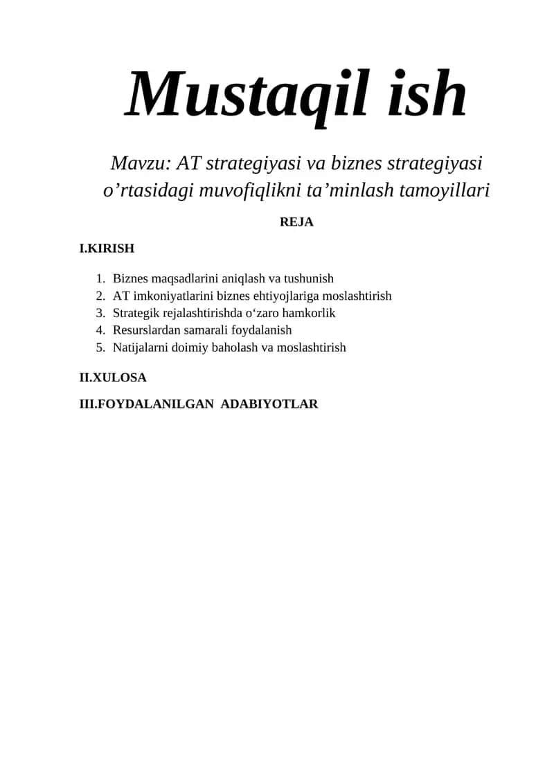 AT strategiyasi va biznes strategiyasi o’rtasidagi muvofiqlikni ta’minlash tamoyillari 1