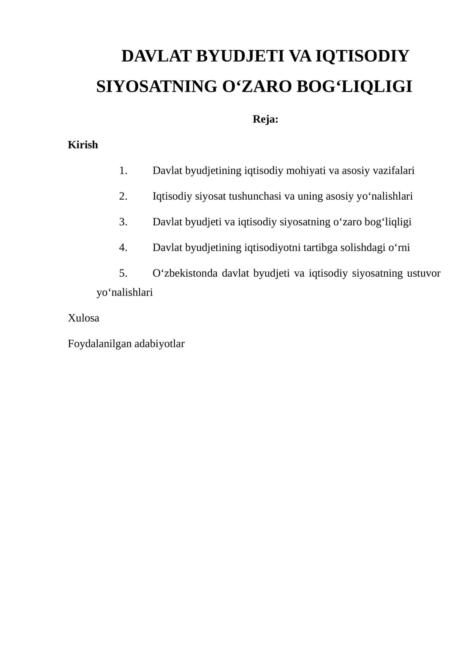 DAVLAT BYUDJETI VA IQTISODIY SIYOSATNING O‘ZARO BOG‘LIQLIGI 1