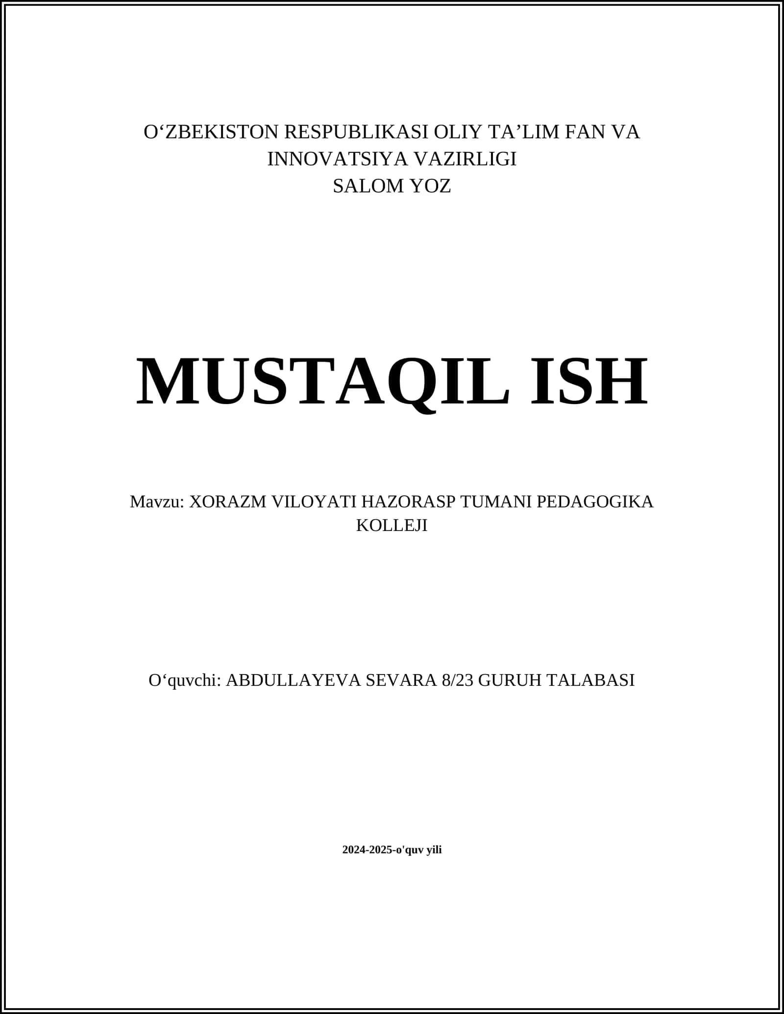 Hazorasp Tumani Pedagogika Kolleji Tarixi 1