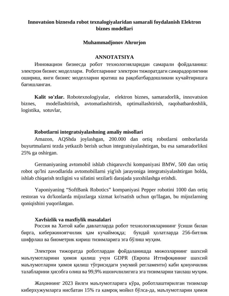 Innovatsion biznesda robot texnologiyalaridan samarali foydalanish Elektron biznes modellari 1