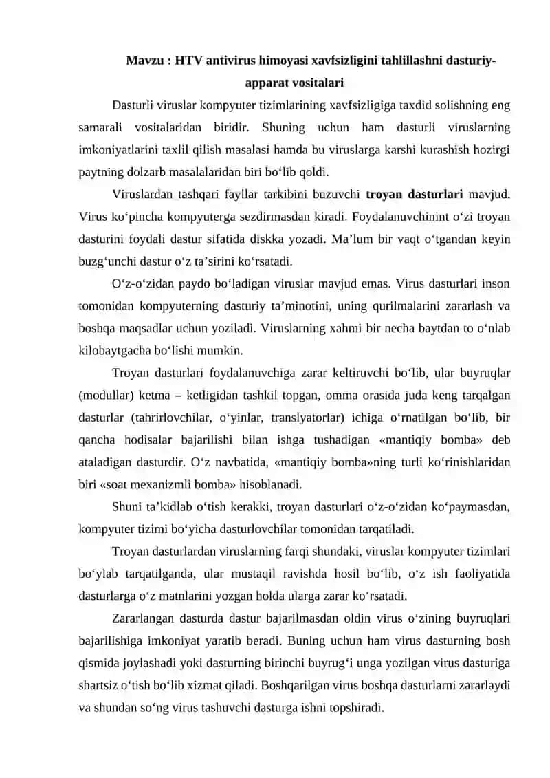 HTV antivirus himoyasi xavfsizligini tahlillashni dasturiy-apparat vositalari