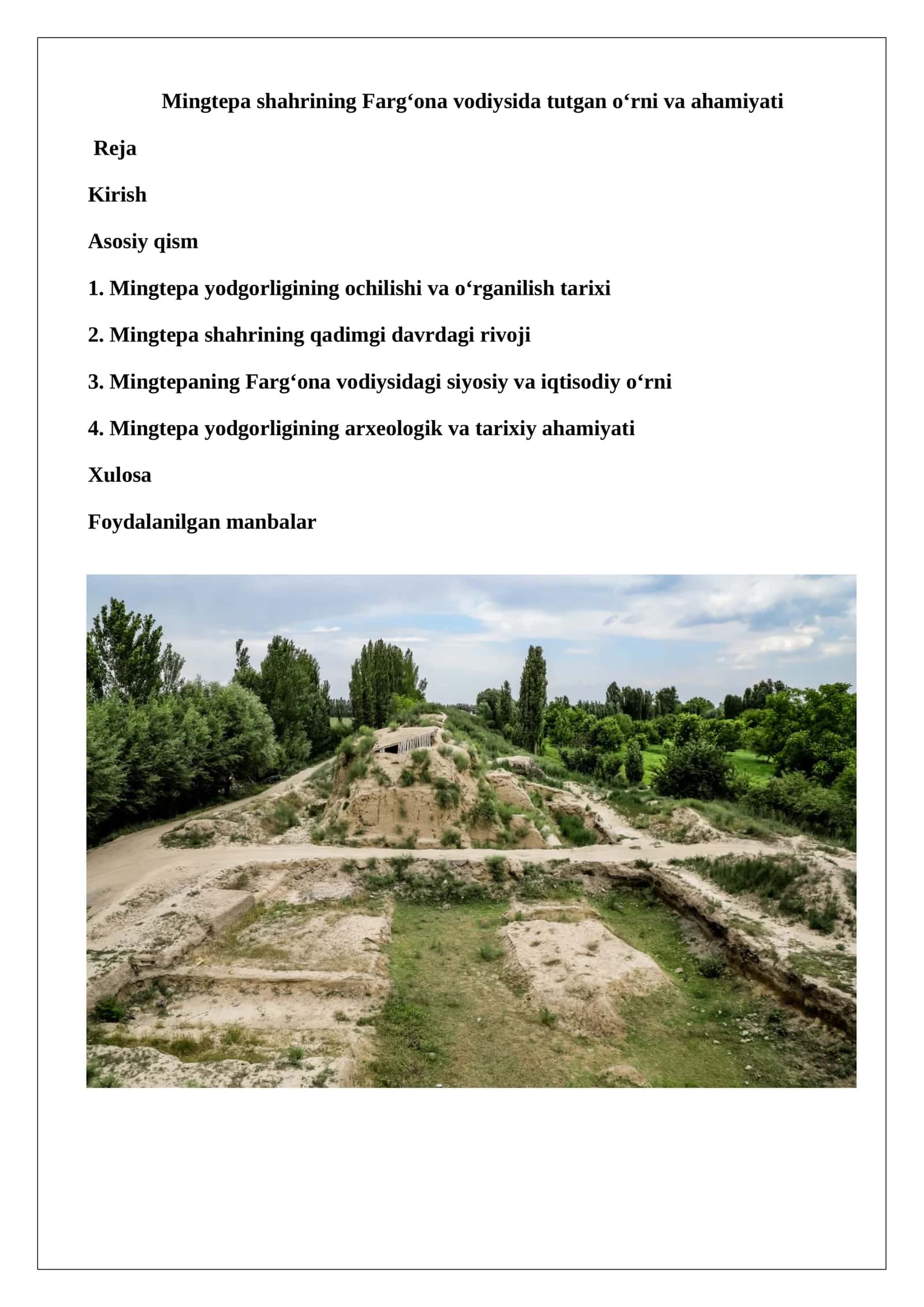 Mingtepa shahrining Farg‘ona vodiysida tutgan o‘rni va ahamiyati 1